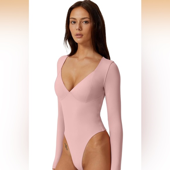 Tops - WomenLong Sleeve Bodysuit V Neck Body Suits Seamed Cup Going Out Tops Shirt L